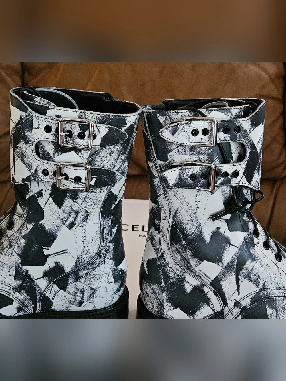 New Men's Celine Leather Abstract Lace-Up Buckle Zipper Combat Boots Size 8 US